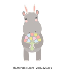 Cute hippo with Easter bunny ears, holding tulip flowers character illustration. Hand drawn flat style design, isolated vector. Holiday clip art, kids print element, seasonal card, banner, poster