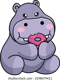 Cute Hippo Eating A Donut - Animal Cartoon Character - Vector Illustration