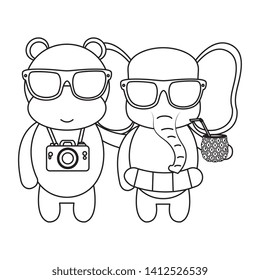 cute hippo and elephant with camera and pineapple cocktail