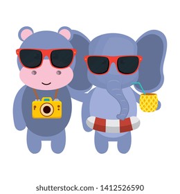 cute hippo and elephant with camera and pineapple cocktail