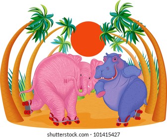 Cute hippo and elephant riding on roller skates. All objects are grouped and separated to layers.