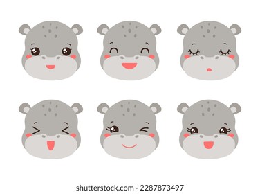Cute hippo emoji icon set. Messenger emoticon. Safari animal icons. Kawaii hippopotamus emoji smile happy facial expressions. Cartoon animals vector signs. Kawaii anime comic style hyppo isolated.