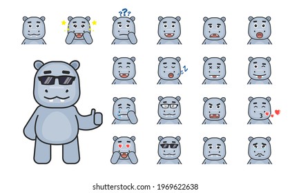 Cute hippo emoticons, emojis collection. Hippopotamus avatars showing various emotions. Modern vector illustration