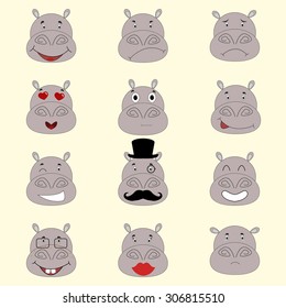 Cute hippo emotions flat icon set.