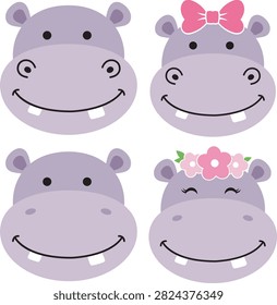 Cute Hippo Face Bundle with Bow Tie and Flower Crown, Baby Animal Clipart for Nursery, Kids Apparel, Stickers and Birthday Design