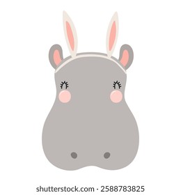 Cute hippo face with Easter bunny ears character illustration. Hand drawn flat style design, isolated vector. Holiday clip art, seasonal card, banner, poster, kids print element