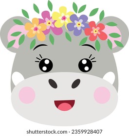 Cute hippo face with floral wreath on head
