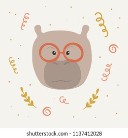 A cute hippo face with spectacles. Funny vector illustrtion, great for design of t-shirt prints, banners, greeting cards.