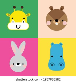 Cute hippo face, tiger faced, rabbit face, giraffe face . Little in cartoon style. Vector illustration