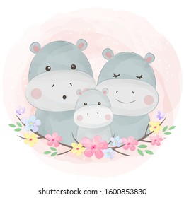 cute hippo family illustration, decal, animal illustration, cartoon, baby shower.