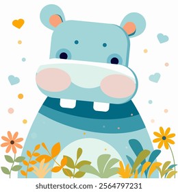 Cute Hippo in Flower Garden.