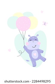 Un hipopótamo lindo volando en globos.  Los niños imprimen. Ilustración vectorial