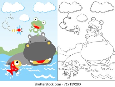 Cute hippo with it friends in river, vector cartoon, coloring page or book