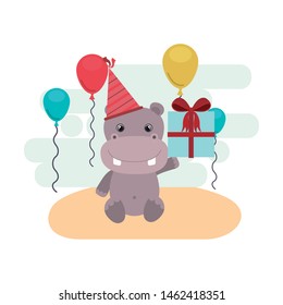 cute hippo with gift box in landscape