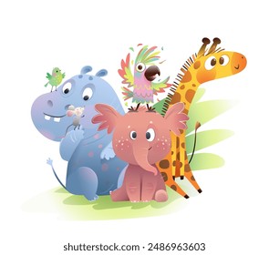 Lindo elefante de jirafa hipopótamo con amigos de pájaros y ratones, divertida caricatura para niños. Animales lindos personajes de Safari para niños. Vector dibujado a mano Clipart, ilustración de diseño de personajes coloridos para niños.