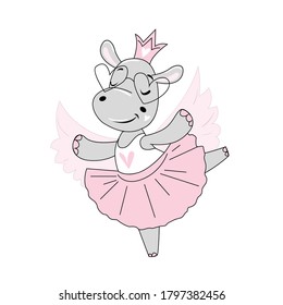 Cute hippo girl ballerina on white background isolated