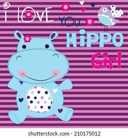 cute hippo girl with bird striped background vector illustration