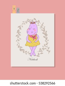 Cute hippo girl in dress. Funny vector illustration in cartoon style. Can be used for notebook cover, baby announcement, scrapbook, wrapping paper, textiles.