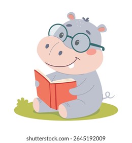 Cute hippo in glasses reading a book.  Funny smart wild animal character sitting with book cartoon vector illustration