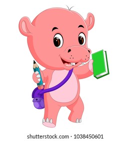 Cute hippo go to school
