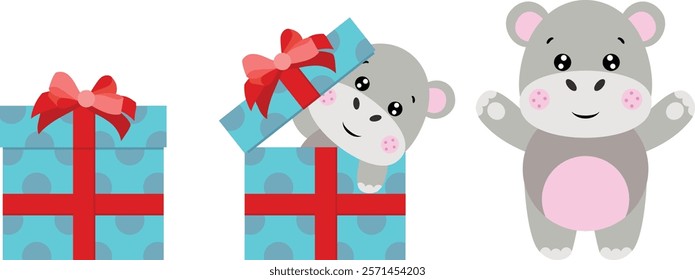 Cute hippo going out of blue birthday gift with red ribbon bow