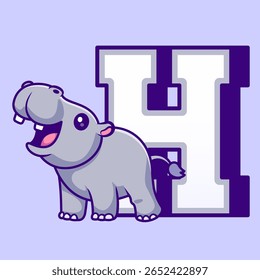 Cute Hippo In H Alphabet Cartoon Vector Icon Illustration. Animal Education Icon Concept Isolated Premium Vector. Flat Cartoon Style