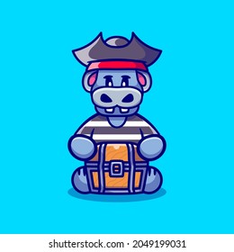 cute hippo halloween pirate carrying treasure chest, suitable for pirate t-shirt design or cute animal pirate mascot