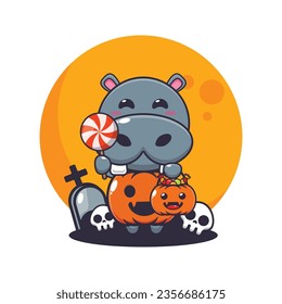 Cute hippo with halloween pumpkin costume. Cute halloween cartoon illustration. 