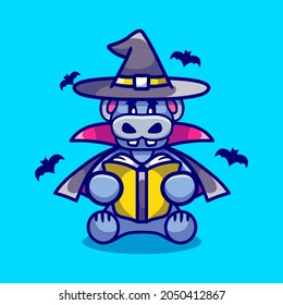 cute hippo halloween witch reading a book, suitable for cute animal halloween t-shirts or mascot designs