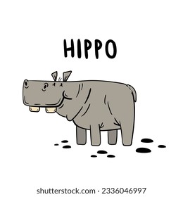 Cute Hippo. Hand drawn hippo isolated on white background. Vector stock illustration.