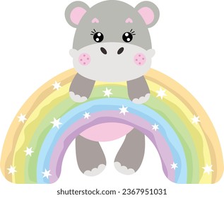 Cute hippo hanging on magic rainbow