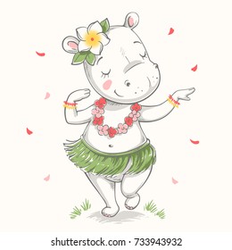 Cute hippo Hawaiian Hula dancer cartoon hand drawn vector illustration. Can be used for t-shirt print, kids wear fashion design, baby shower invitation card.