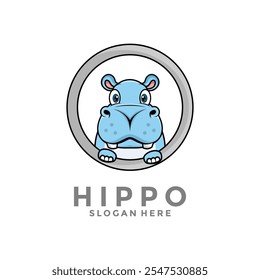 Cabeça de Hippo bonito no círculo ícone do vetor do logotipo, bebê hipopótamo ícone do desenho animado logotipo do vetor modelo