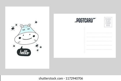 Cute hippo head vector illustration. Design element, double sided postcard with hand drawn modern style hippopotamus in black and white 