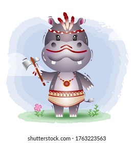 a cute hippo in a headdress with feathers. Cartoon apache hippopotamus. Vector illustration