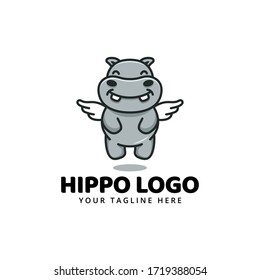 cute hippo hippopotamus fly with wings mascot cartoon character illustration logo vector