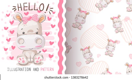 Cute hippo, hippopotamus - seamless pattern. Hand draw