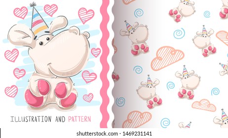 Cute hippo, hippopotamus - seamless pattern. Hand draw