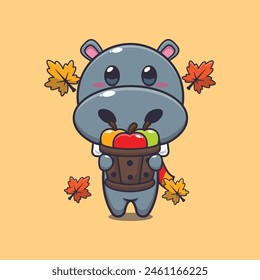 Cute hippo holding a apple in wood bucket. Mascot cartoon vector illustration suitable for poster, brochure, web, mascot, sticker, logo and icon.
