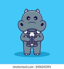Cute Hippo Holding Binoculars Vector Cartoon Illustration
