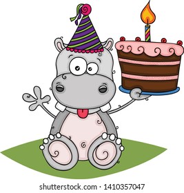 Cute hippo holding a birthday cake
