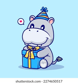 Cute Hippo Holding Birthday Gift Cartoon Vector Icon Illustration. Animal Holiday Icon Concept Isolated Premium Vector. Flat Cartoon Style