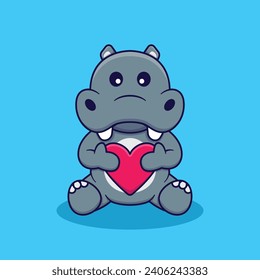 Cute Hippo Holding Heart Vector Cartoon Ilustration