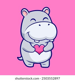 Cute Hippo Holding Love Heart Cartoon Vector Icon Illustration. Animal Holiday Icon Concept Isolated Premium Vector. Flat Cartoon Style