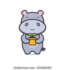 Cute hippo holding plant mascot doodle cartoon icon illustration flat cartoon style