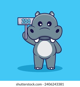Cute Hippo Holding a Sign Vector Cartoon Illustration