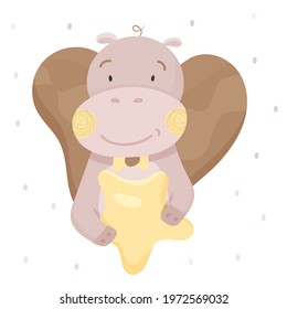 Cute hippo is holding a star. Baby animal concept illustration for nursery, character for children. Ideal for decorating nursery and printing on baby clothes