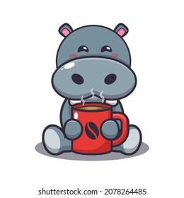 Cute hippo with hot coffee. Cute animal cartoon illustration.