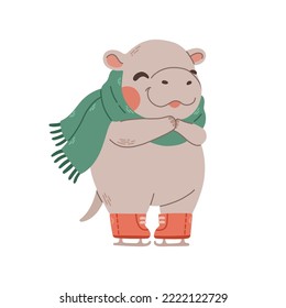 Cute hippo ice skating isolated. Sport and leisure concept illustration