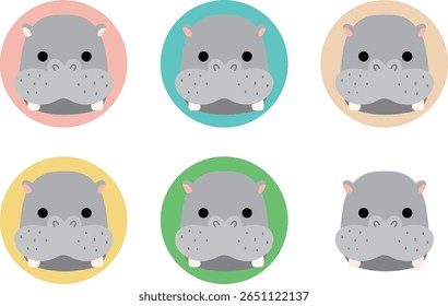 Cute Hippo Icon Set - Round Animal Illustration